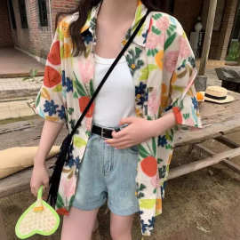 夏日油画碎花度假感短袖衬衫女宽松夏威夷港风衬衣盐系学院风ins