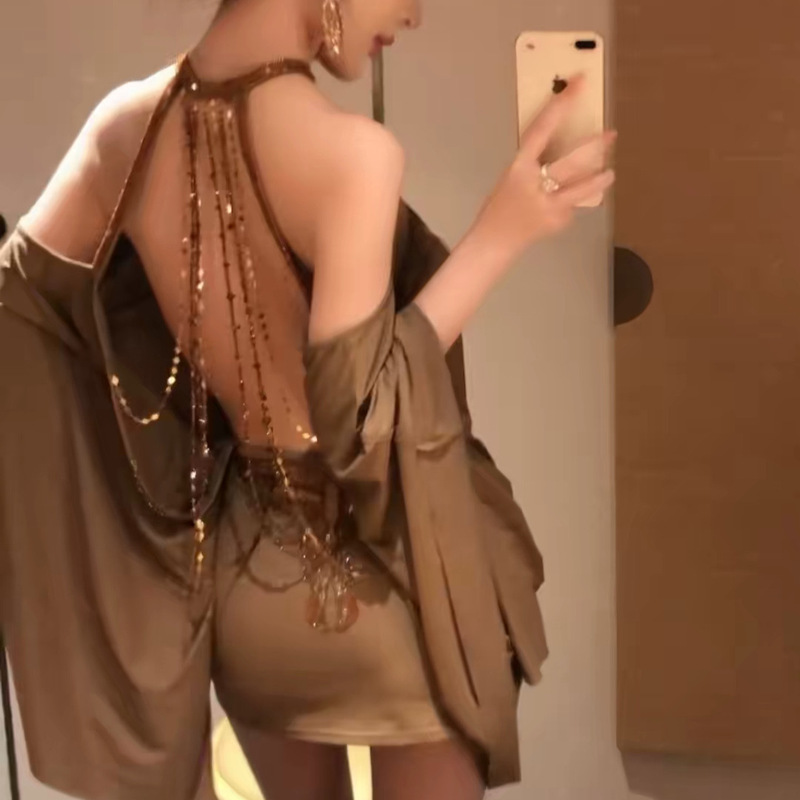 Cross-Border Foreign Trade Sexy Butterfly Embroidery Sequin Backless Dress for Women, Sexy Off-Shoulder Bell Sleeve Bodycon Dress for Women