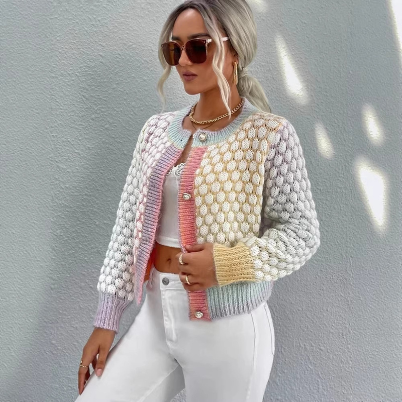 European and American Cross-Border 2025 Autumn and Winter New Cardigan Rainbow Jacquard Short Knit Sweater Women's Jacket with Single Side Button