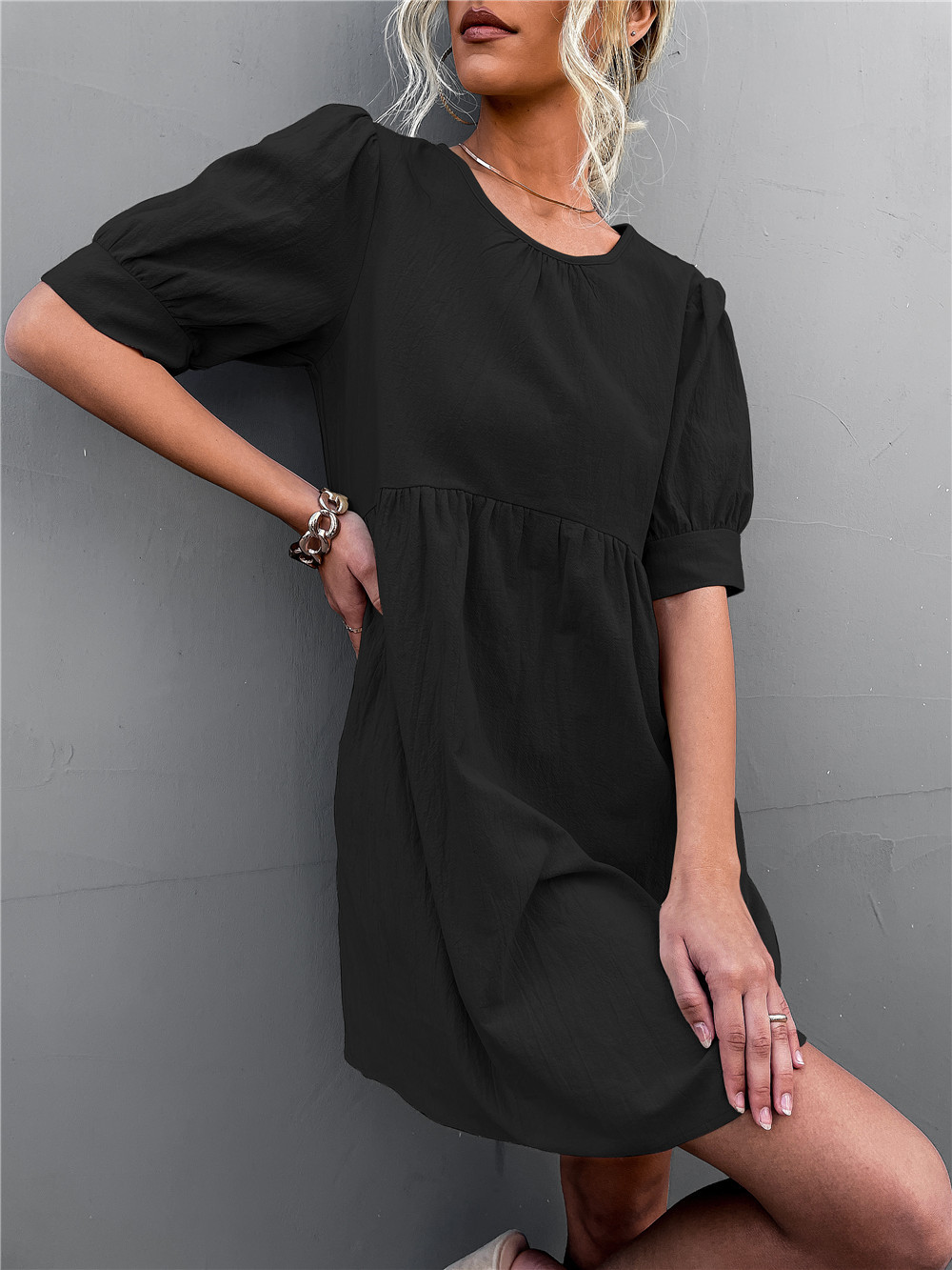 Round Neck Puff Sleeve loose short solid color Dress NSLNZ123434