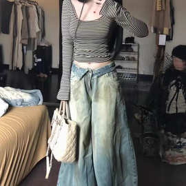 美式大码复古设计感翻折腰头牛仔裤子女夏季辣妹做旧脏染拖地长裤