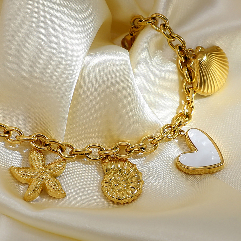 Shell Inlay Material Bracelets Classification PVD Coated Real Gold Plated Starfish Conch Heart Shape 304 Stainless Steel Marine Style IG Waterproof Non Tarnish Bracelets