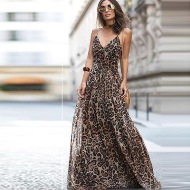 Amazon Quality Cross-Border European and American Popular Leopard Print V Neck Suspender Dress Long Skirt