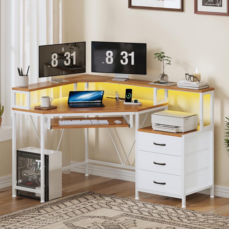 L-shaped computer desk with printer cabinet, monitor, computer corner table, LED light bar, file drawer and power socket L-shaped computer desk with printer cabinet, monitor, computer corner table, LED light bar, file drawer and power socket