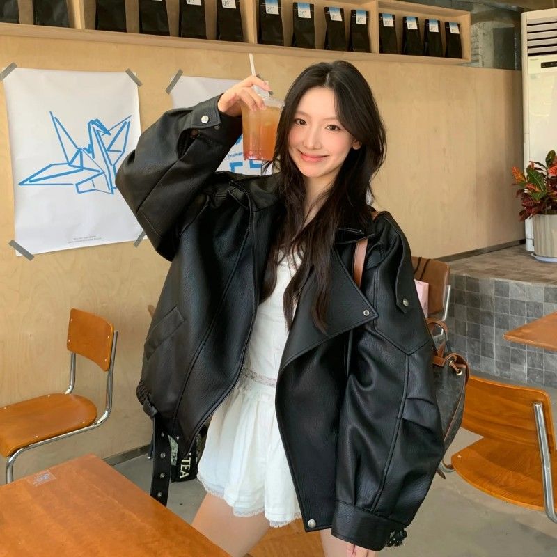 Qadın üçün süni dəri moto jaket, retro üslub