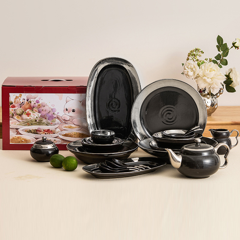 Factory moire black gold glaze silver-plated bowl suit ceramic rice bowl high-grade luxury warm-room housewarming gift tableware