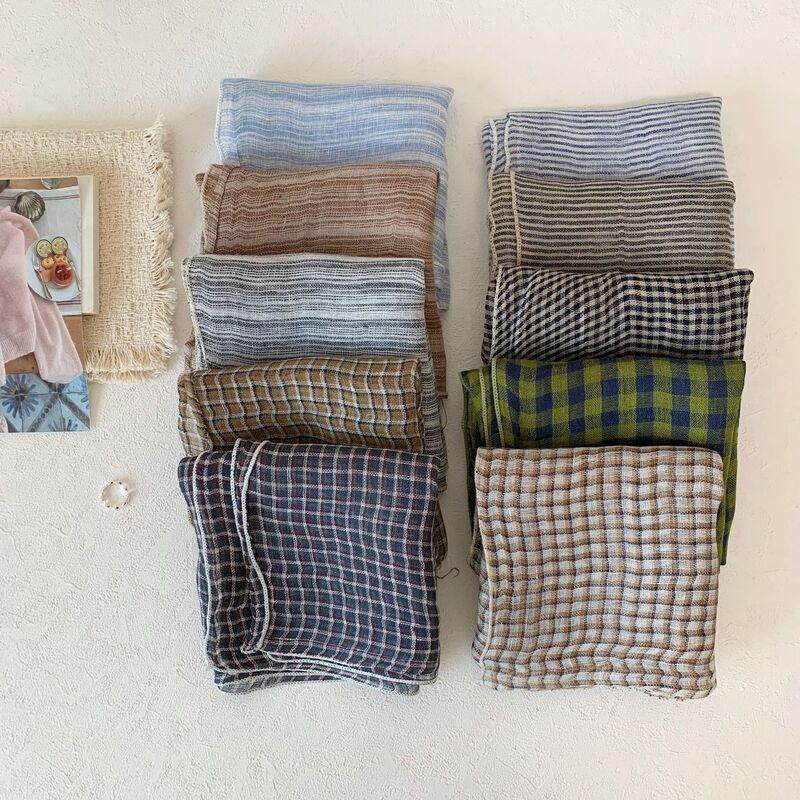Summer Thin Linen Square Scarf for Women, Japanese Style Versatile Spring and Autumn Scarf, Artistic Plaid Sun Protection Neck Scarf, Decorative Small Neckerchief