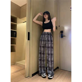 大码女装复古花纹阔腿裤女压褶风格新款高腰显瘦格子裤百搭遛弯裤