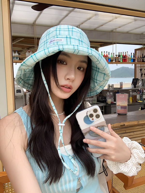 春と夏の新しいチェック柄旅行日焼け止め漁師帽子女性のための 2025 新しい小さな新鮮な顔が見える小さな日よけ帽子盆地帽子|undefined