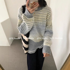 慵懒风渐变色条纹圆领毛衣女长袖2025新款秋冬法式宽松针织衫上衣