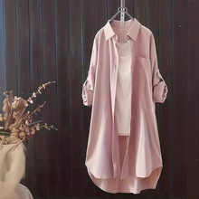 2024欧美大码热销宽松百搭长袖长款衬衫女上衣衬衣外套欧美风衬衫