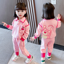 女童粉色加絨大熊套裝冬季新款中小童女寶POLO領休閑運動兩件套潮