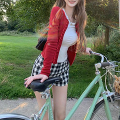 比弗利 多色针织开衫女设计感秋冬修身拼接花边长袖上衣