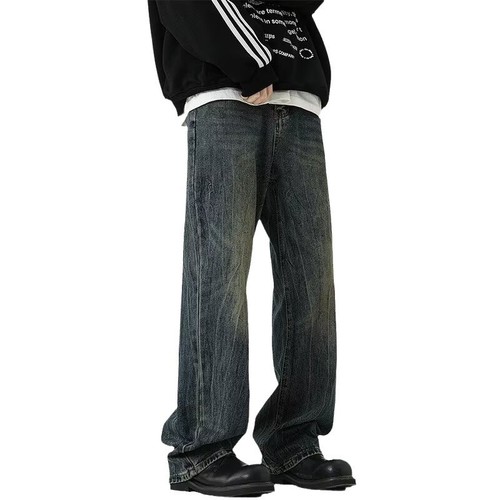 American casual streetwear brand heavy-duty retro denim jeans for men, spring and autumn 2025 new arrival, washed and distressed straight-leg dad jeans