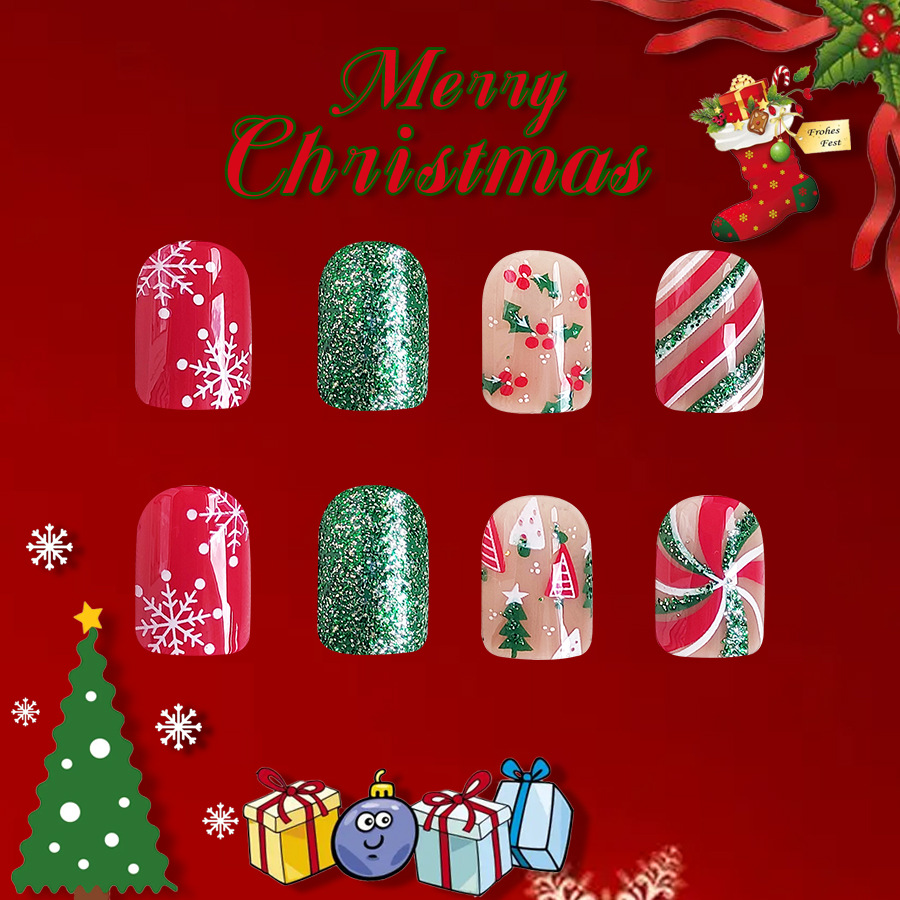Short Glitter Square Armor 2024 New Christmas Snowflake Christmas Tree Striped Red with Green Glitter Powder 24 Pieces_voghion.com