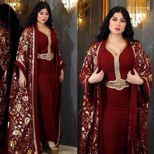 Z279 Middle East Cross-Border Muslim Saudi Robe Women's Printed Dress Suit Two-Piece Dress Robe