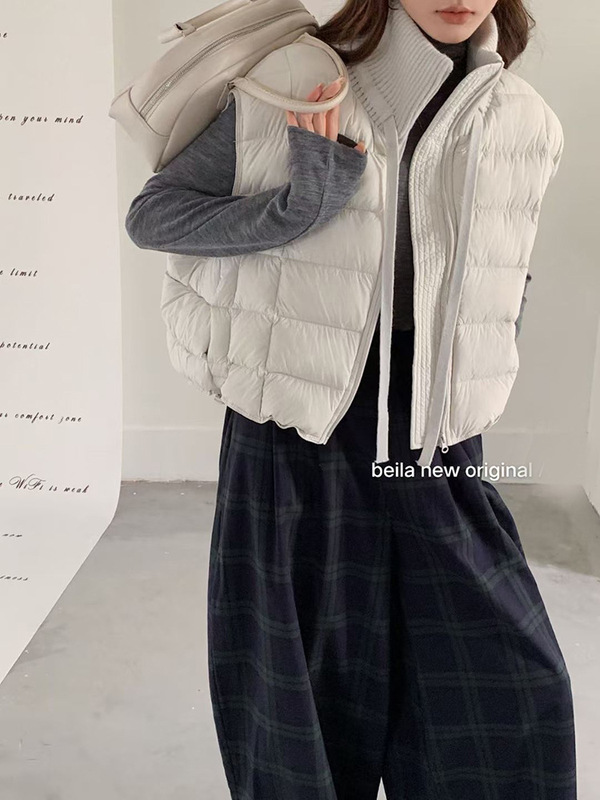 高端羽绒马甲女短款2025冬季新款韩版宽松针织立领90白鸭绒外套|undefined