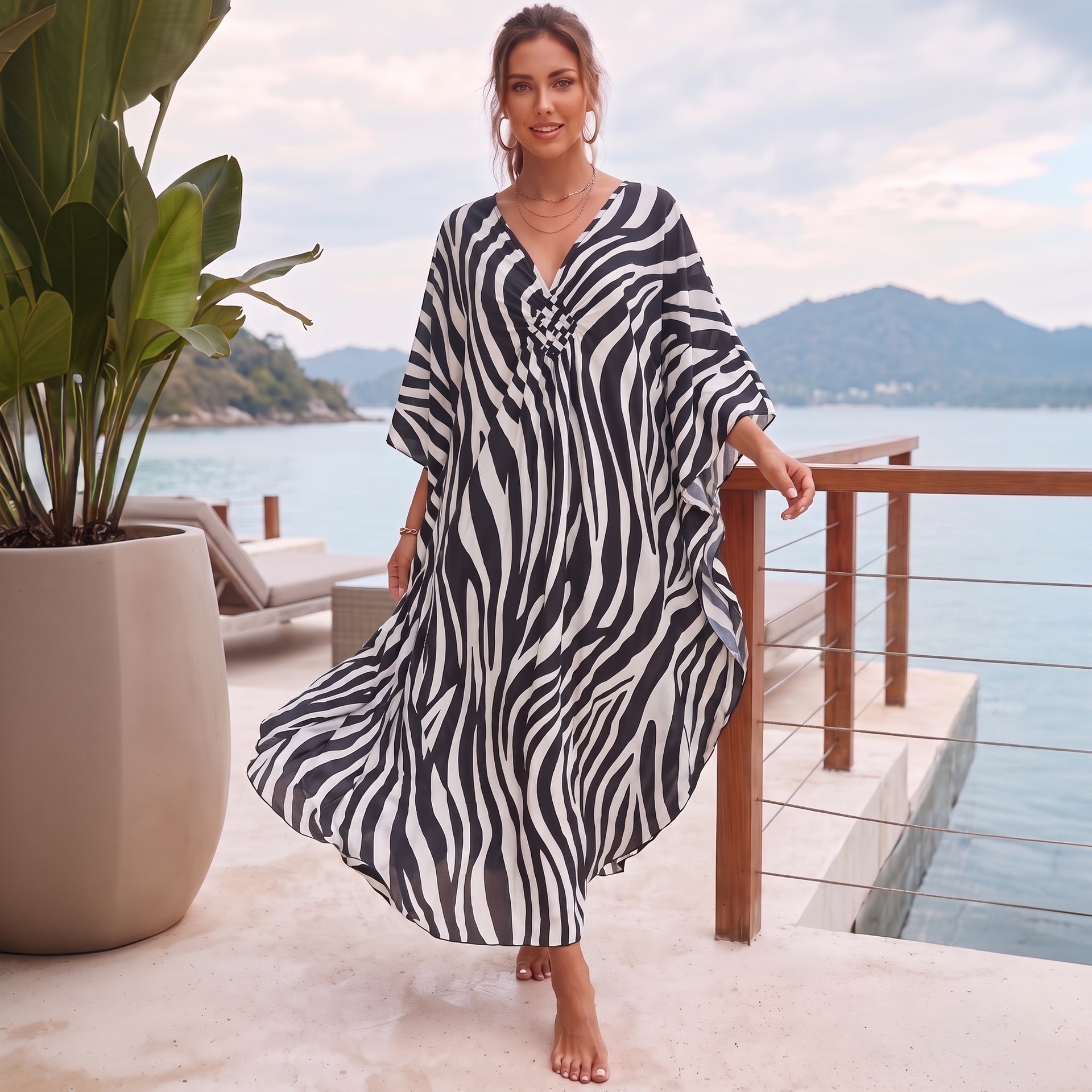 Zebra print beach cover-up, seaside vacation bikini cover-up, women's front-woven dress