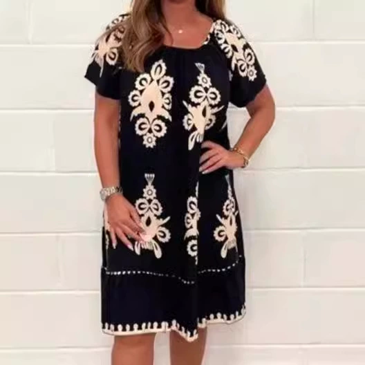 Внешняя торговля женская одежда Европа большой размер европейской станции Amazon трансграничный летний принт с короткими рукавами женское свободное платье