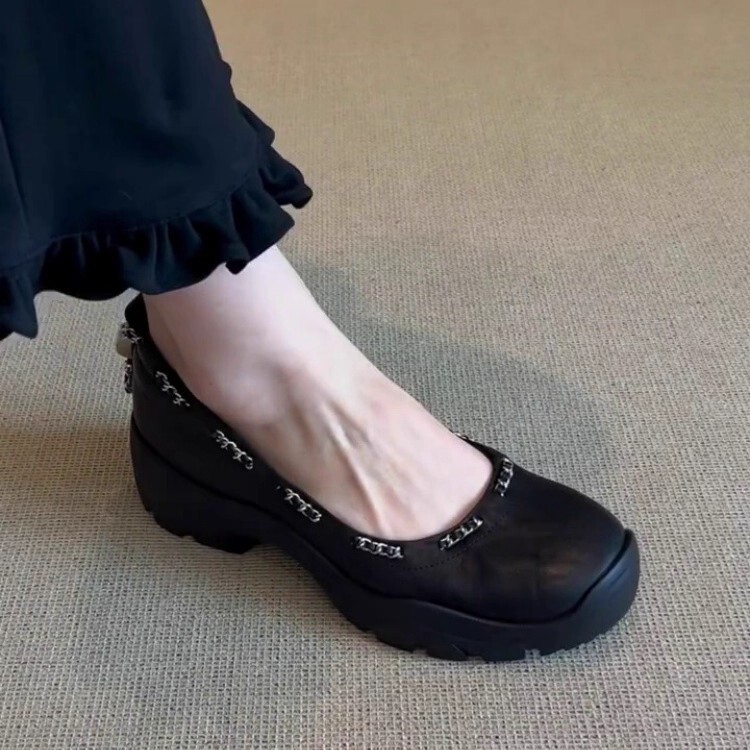 羊皮版~2025新款真皮厚底玛丽珍鞋女甜美链条设计一脚蹬浅口单鞋|undefined