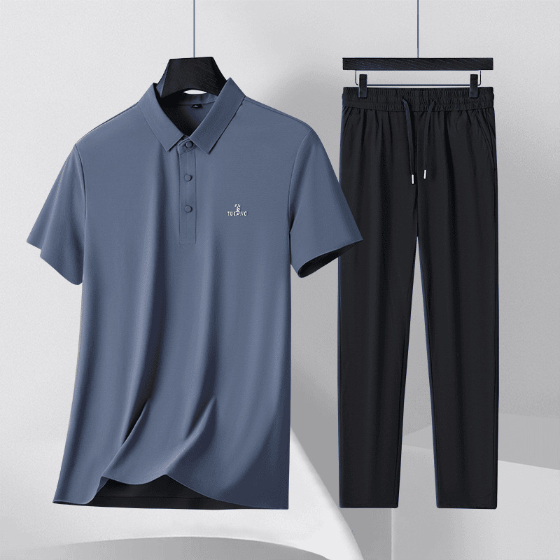 Ice Silk Seamless Suit for Middle-Aged and Elderly Business Casual Short-Sleeved Polo Shirt for Men and Dad Casual Ice Silk Pants Suit Batch