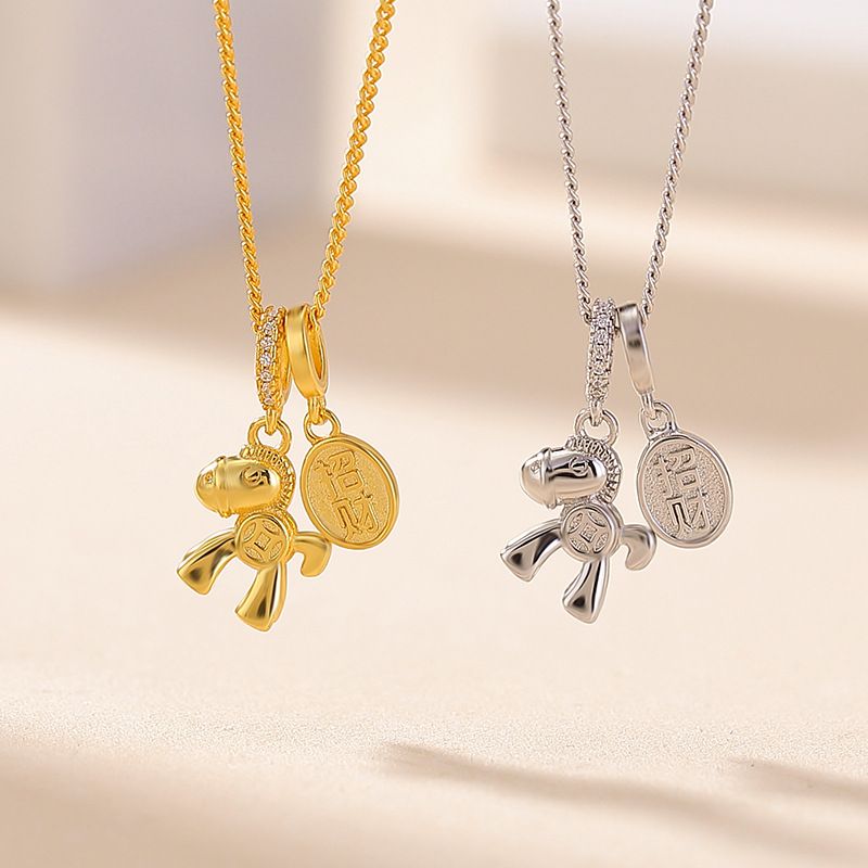 Bộ dây chuyền bạc S925 mặt ngựa kéo may mắn – đồng xu ba chiều phong thủy — Mẫu bạc (bộ dây chuyền)