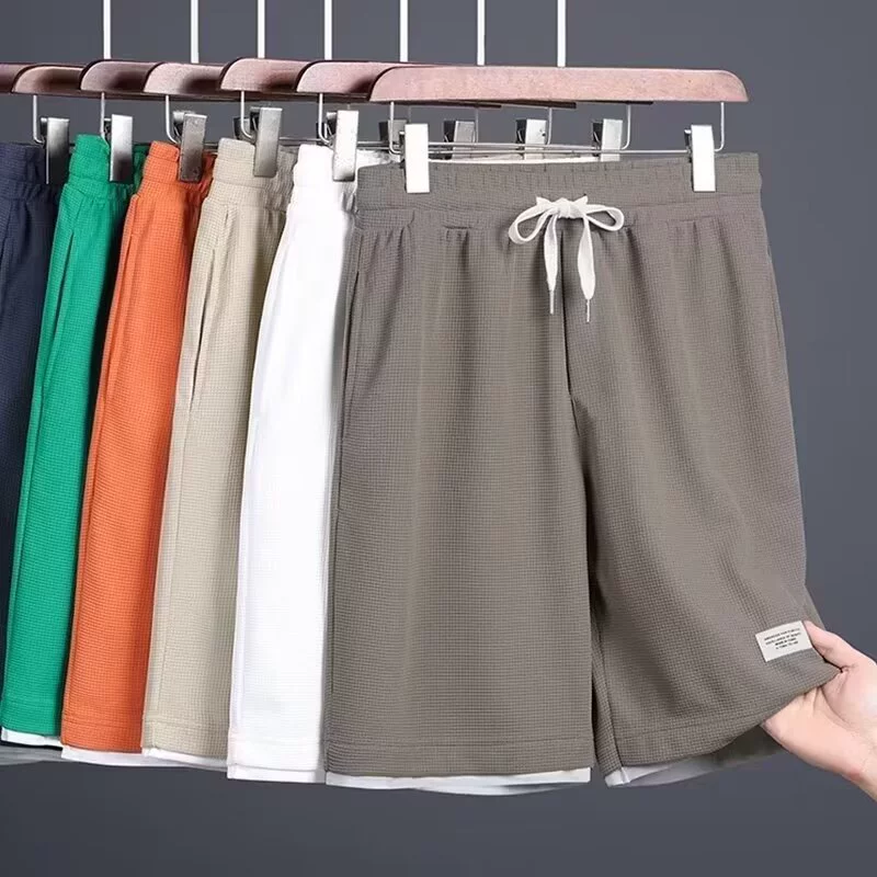 Новые вафельные шорты с высокой талией для мужчин, летние прямые свободные шорты больших размеров с пятью точками, повседневные спортивные модные шорты для больших парней.