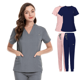 Эластичная униформа медсестры, комплект, Amazon, оптовые продажи, V-образный вырез, короткий рукав, в корейском стиле