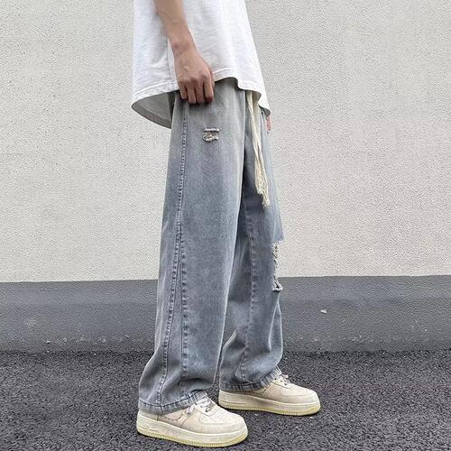 Men's Summer Thin Loose Straight Leg Stretch Waist Denim Jeans Streetwear Trendy American High Street Flowy Wide Leg Pants