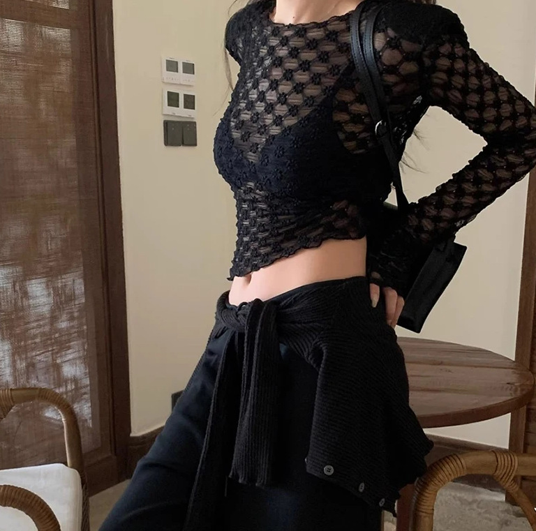 Sweet and Spicy Style Embroidered Mesh Long-Sleeved Spring and Summer Perspective Thin Sexy Top Sunscreen Blouse for Women