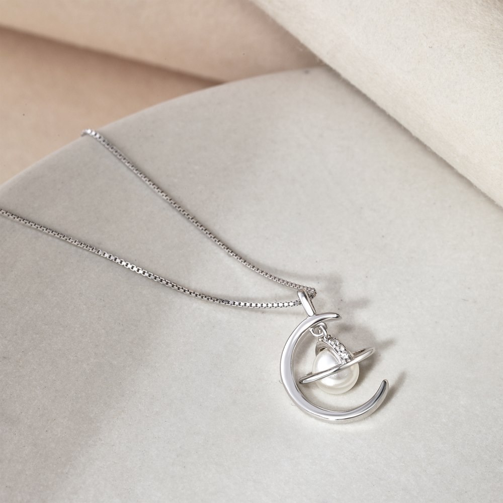 Elegant Mond Planet Sterling Silber Inlay Süßwasserperle Zirkon Halskette Mit Anhänger display picture 7