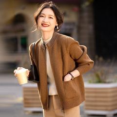 二八月妈妈春季新款气质针织拉链外套中老年女装时尚圆领上衣女