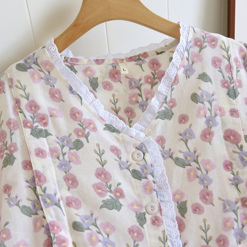 Spring and summer thin pure cotton gauze confinement clothes maternity pajamas long-sleeved floral cardigan postpartum nursing clothes home clothes