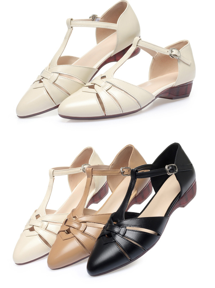 Dép sandal nữ da thật đế bằng quai chữ V mùa hè — màu be chi tiết 18