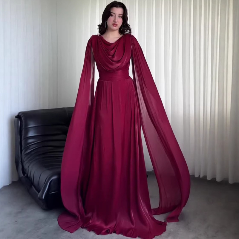 2026 Spring and Autumn New European and American Style Women's Fashion Satin Evening Dress with Draped Collar, Waist-Cinching Cape Sleeves, Long Dress