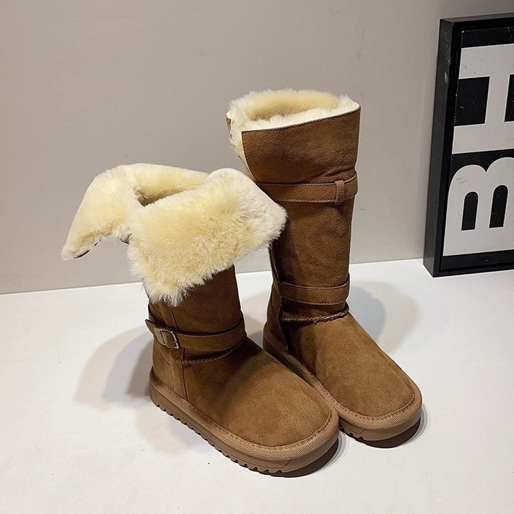 Children's Long Snow Boots for Winter, Girls' Stylish Buckle Two-Way Riding Boots, Retro with Plush Lining, Thickened for Warmth