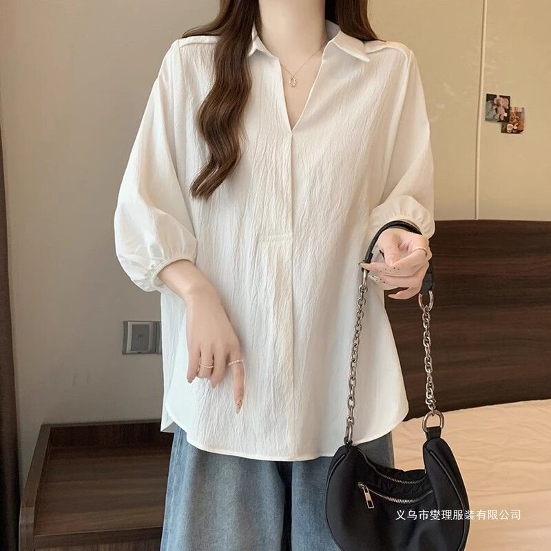 New Hong Kong Style White Shirt, Spring Season, Large Size, Slimming Design, Loose Fit, Three-Quarter Sleeve Top New Hong Kong Style White Shirt, Spring Season, Large Size, Slimming Design, Loose Fit, Three-Quarter Sleeve Top