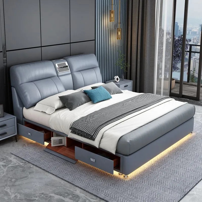 Cama de cuero multifuncional, cama doble del dormitorio principal, cama de boda de 1,8 m, cama de cuero suave y simple moderna, suministro directo de fábrica 1.5