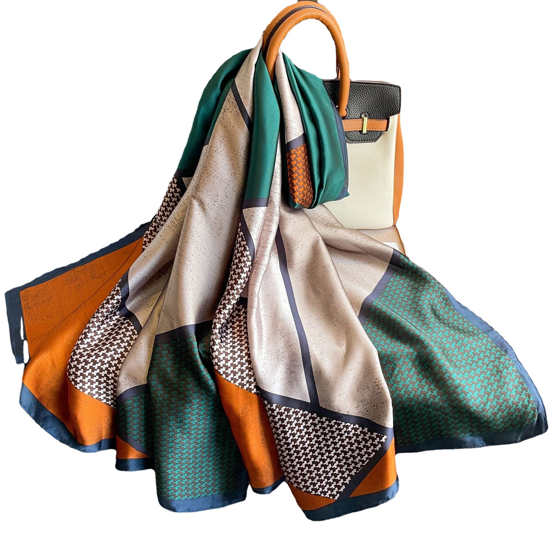 Primavera y otoño nueva moda geométrica color a juego nuevo chal de satén de seda bufanda de seda ligera toalla de playa de protección solar de seda artificial para mujeres