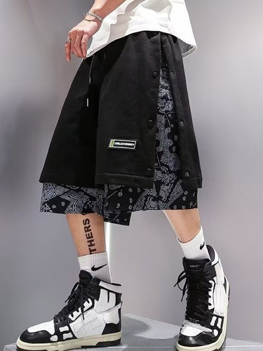 Men's knee-length Hong Kong-style two-piece shorts, seasonal thin and loose fashionable summer, almond-shaped patchwork button-down casual five-pocket pants