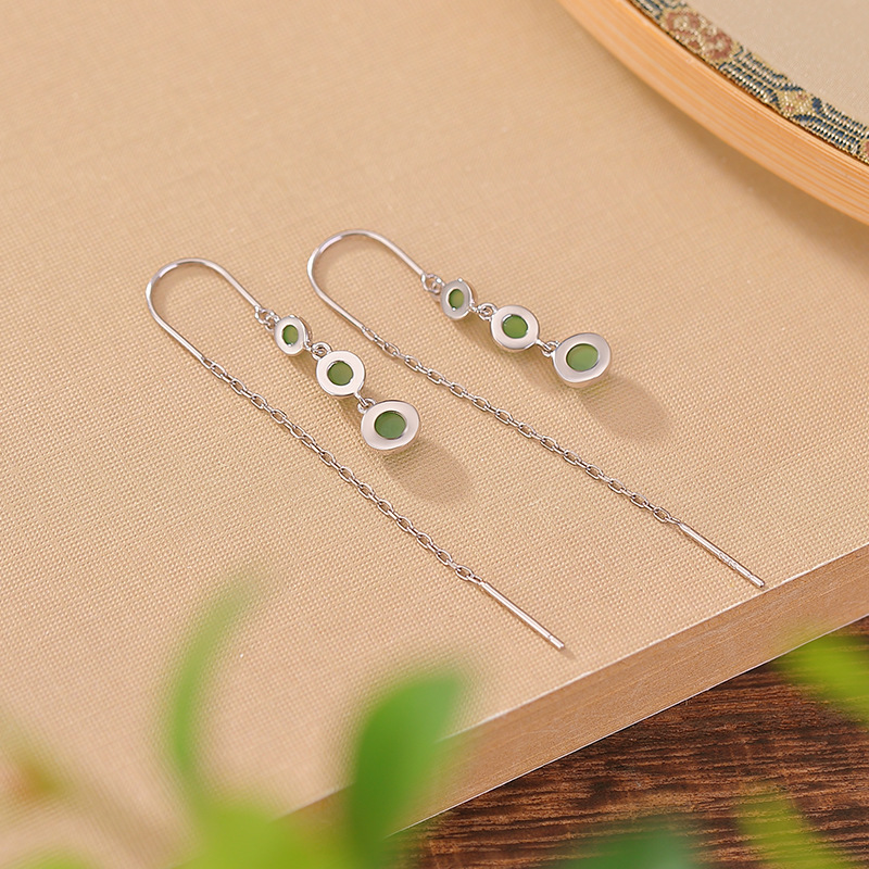 Khuyên tai nữ dài tua rua bạc S925 hình tròn — Một cặp