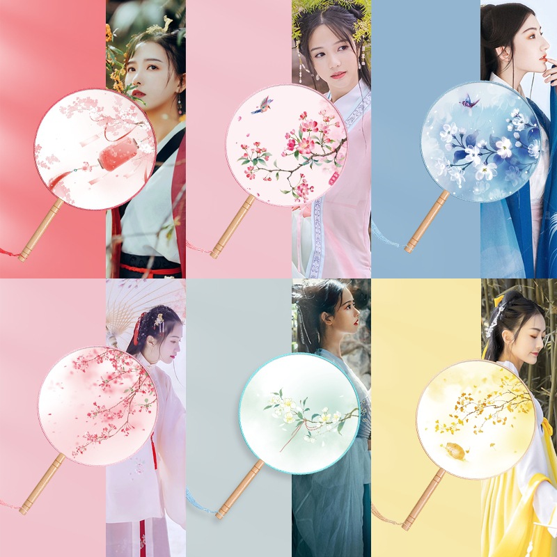 ✅团扇古风扇子儿童夏天半透长柄舞蹈扇女童古装汉服旗袍刺绣小圆