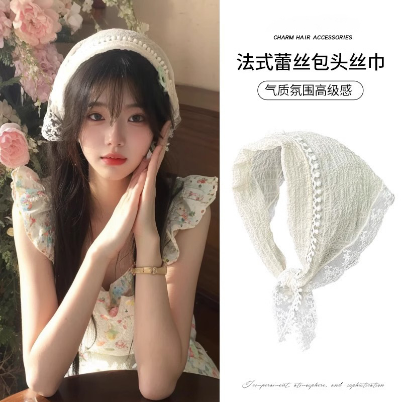 Zhou also with small headscarf spring and summer French lace strap triangle scarf pastoral style sweet girl headwear silk scarf