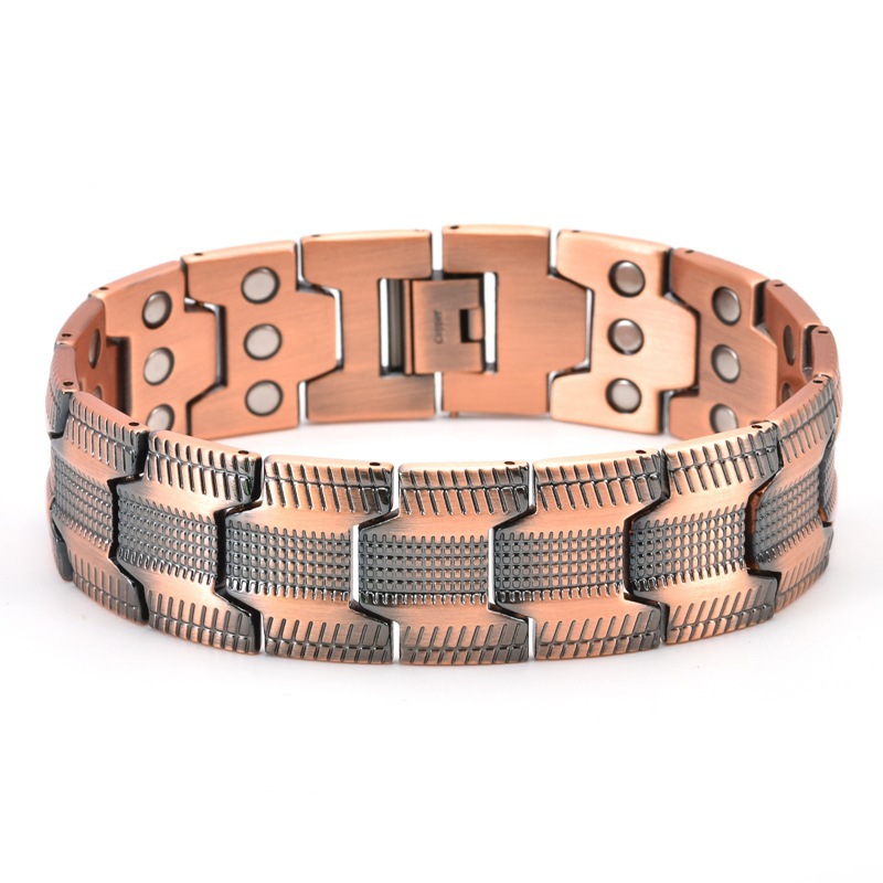Cross-Border Popular Tire Pattern Red Copper Bracelet Men's Magnetic Therapy Magnetic Wide Version Three-Row Full Magnet Bracelet Factory Direct Sale