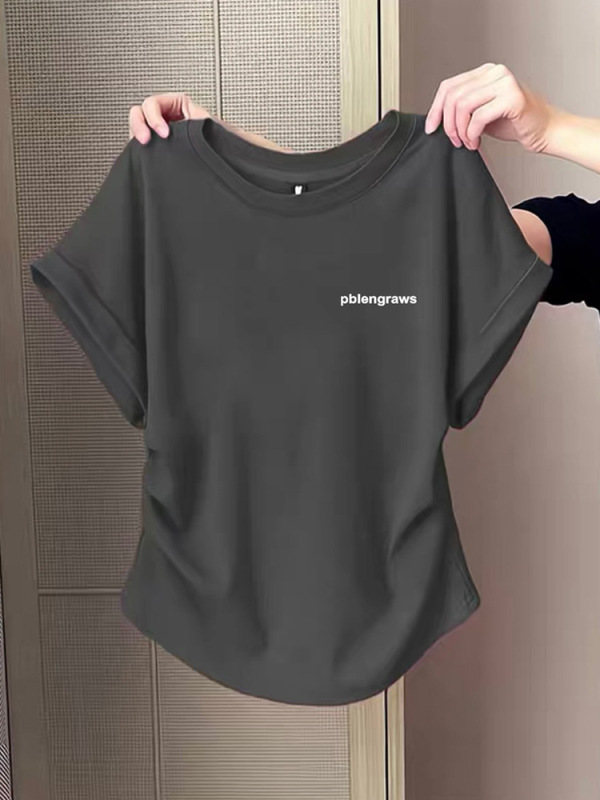 デザインされた小さなフライングスリーブ右肩ピュアコットン半袖Tシャツ女性用2025夏の新しい不規則なプリーツウエストトップ|undefined