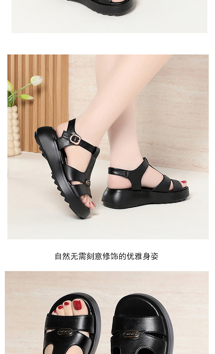 Sandal nữ đế dày quai chữ V da thật mềm đi biển mùa hè — Màu đen chi tiết 12