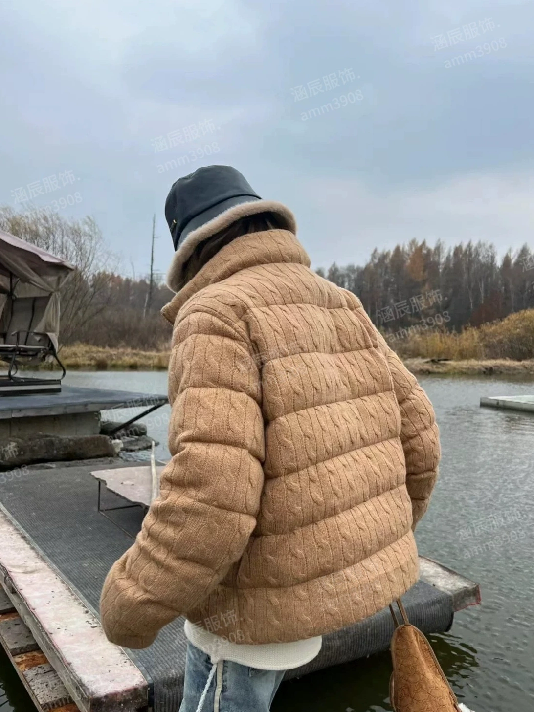Woolen cashmere knitted down jacket with zipper with down, cotton long-sleeve
