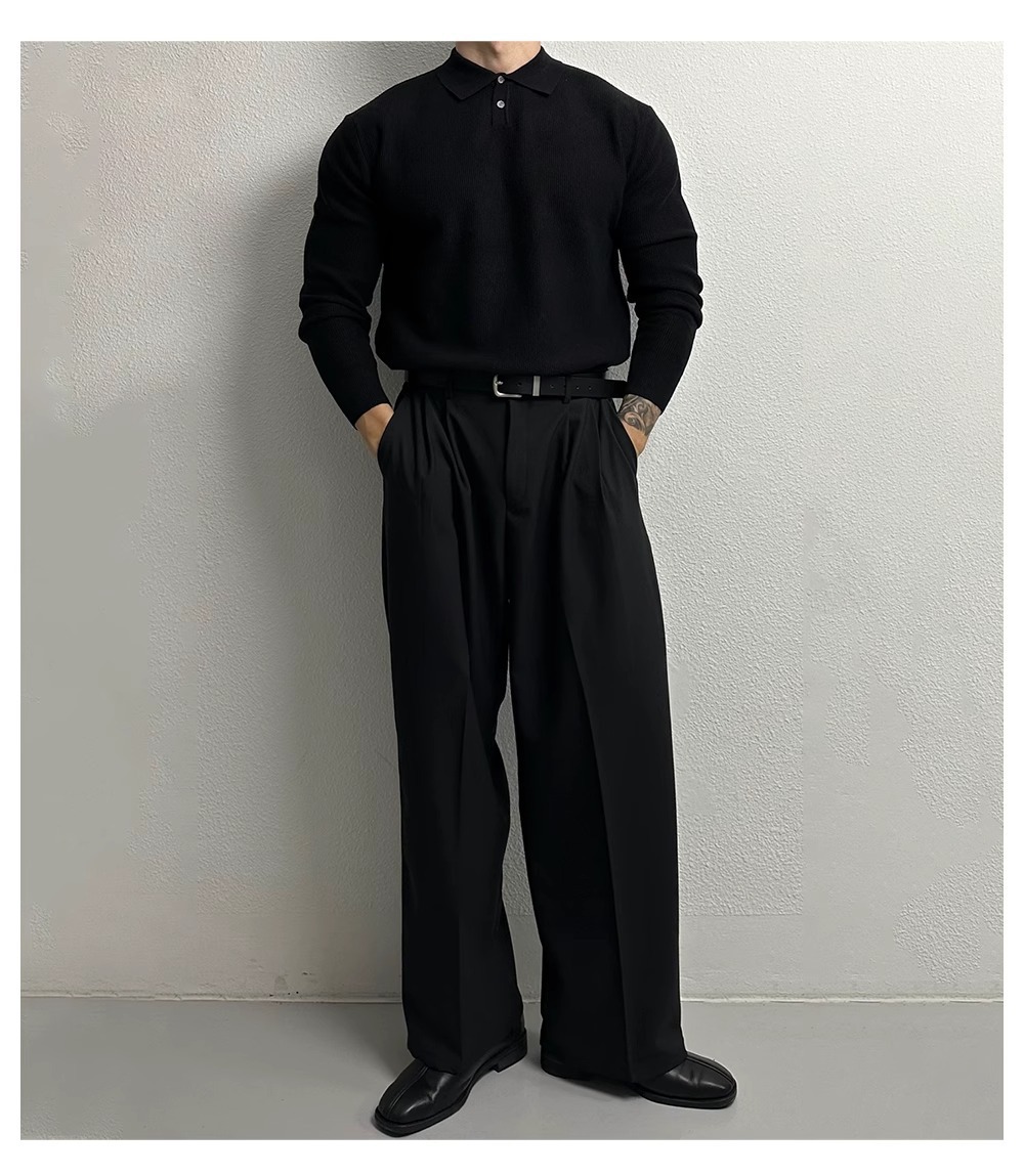Oversized Polo Knit Sweater For Men – Business Casual Long Sleeve Pullover, Plus Size European Fit (Black/Beige/Gray)_viptrois.com