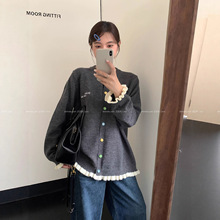 秋季新款休闲百搭宽松款式大码女装彩色扣时尚气质圆领针织开衫