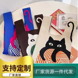 可爱熊猫针织手提包便捷卡通毛线女包夏季时尚韩版百搭托特饭盒包